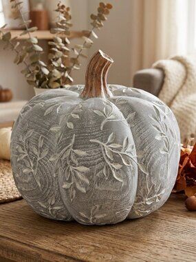 Whitewashed Leaf Pumpkin Decor Rustic Wood Grain Resin Thanksgiving Table Accent
